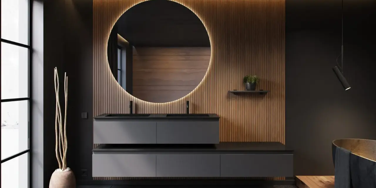 Élégante salle de bain style japonais avec double vasque, miroir rond lumineux et boiseries chaleureuses.
