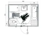 Plan de travail PMR : schéma d'une salle de bain adaptée avec espace de manœuvre pour fauteuil roulant, baignoire, lavabo et WC.