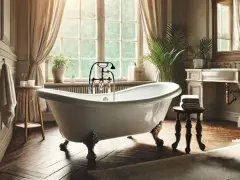 Baignoire îlot sur pieds dorés, évoquant le poids d'une baignoire en fonte. Lumière douce filtrant par la fenêtre, ambiance luxueuse.
