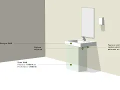 Illustration d'un lavabo PMR norme, avec siphon déporté et zone PMR définie.