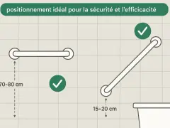 Schéma montrant le positionnement idéal des barres d'appui pour un rectangle PMR WC. Hauteur 70-80 cm pour une barre horizontale, 15-20 cm pour une barre inclinée.