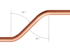 Illustration montrant comment cintrer un tube cuivre à 45 degrés. Le tube est courbé en deux sections distinctes.