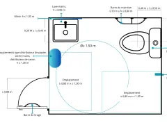 Plan d'un wc pmr avec dimensions : lavabo, cuvette, barres de maintien, patère, et emplacements pour fauteuil roulant.