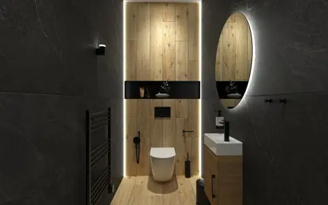 Salle de bain moderne avec deco wc noir et bois. Murs en ardoise, boiseries chaleureuses, miroir lumineux et sanitaires épurés.
