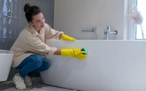 Femme en gants jaunes effectuant le nettoyage d'une baignoire acrylique avec une éponge.