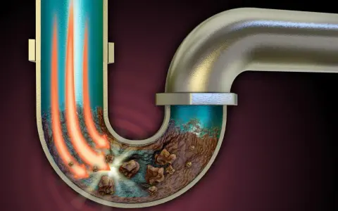 Tuyau de douche bouché avec accumulation de saleté, causant une mauvaise odeur. Des flèches rouges indiquent un flux bloqué.