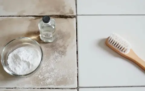 Nettoyer joint de carrelage bicarbonate : bol de poudre blanche, flacon et brosse sur carrelage sale et propre.