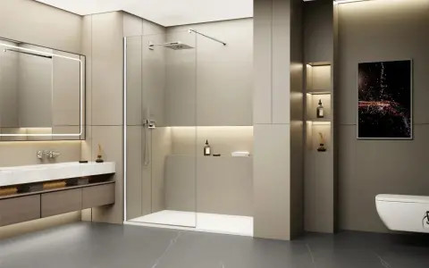 Salle de bain moderne avec un grand miroir lumineux, un lavabo suspendu et une douche à l'italienne. Le ressaut douche est discret, intégré au design épuré.