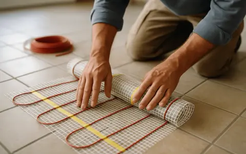 Pose d'un tapis chauffant pour plancher avant la pose de la colle carrelage. Un rouleau de câble rouge est visible.