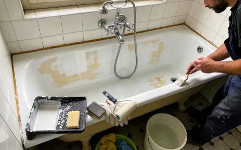 Un homme est en train de peindre une baignoire ancienne. Des outils comme un pinceau, un rouleau et de la peinture sont à proximité.