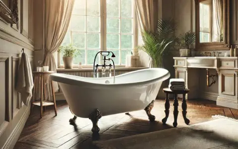Baignoire îlot sur pieds dorés, évoquant le poids d'une baignoire en fonte. Lumière douce filtrant par la fenêtre, ambiance luxueuse.