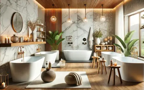 Salle de bain luxueuse avec plusieurs baignoires, robinetterie dorée et une ambiance de **fonte minérale** apaisante.