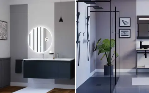 Home staging salle de bain moderne avec miroir lumineux, meuble suspendu et douche à l'italienne.