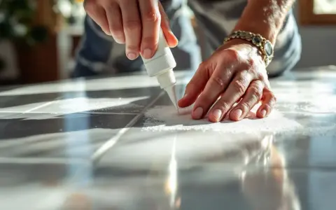 Application de joint blanc sur du carrelage sur placo. Les mains travaillent avec précision pour un résultat impeccable.