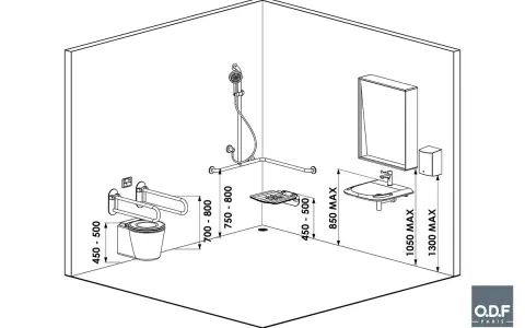 Schéma d'une salle de bain adaptée aux PMR, montrant les dimensions pour une **norme douche PMR**, un lavabo et des barres d'appui.