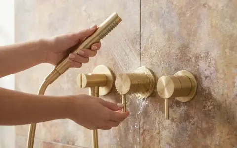 Mains dorées ajustant le débit d'eau d'une robinetterie de salle de bain en laiton, pour un nettoyage chrome salle de bain impeccable.
