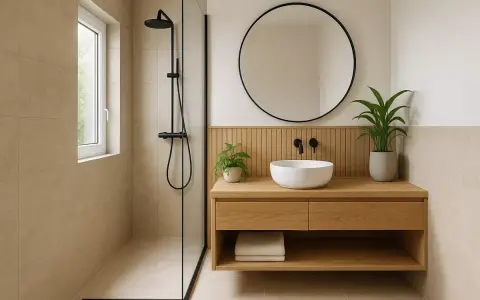 Douche moderne et meuble vasque en bois dans une petite salle de bain 3m2. Miroir rond, plantes vertes et carrelage clair apportent une touche zen.