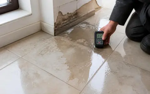 Un professionnel utilise un humidimètre pour diagnostiquer un carrelage qui se décolle à cause de l'humidité, révélant des dégâts importants.
