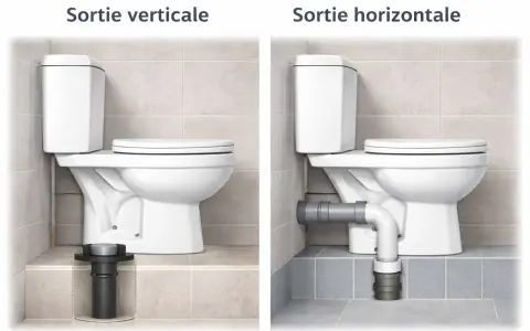 Comparaison de deux installations de toilette sans évacuation : une avec sortie verticale et l'autre avec sortie horizontale.