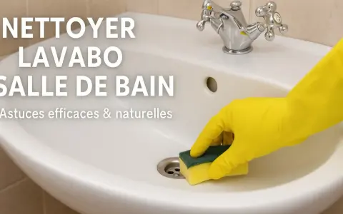 Main jaune nettoyant un lavabo de salle de bain pour enlever le calcaire. Astuces efficaces et naturelles.