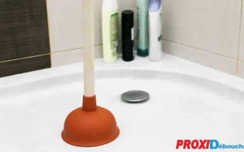 Plongeur dans une douche bouchée avec de l'eau stagnante. Des bouteilles de shampoing sont visibles en arrière-plan.