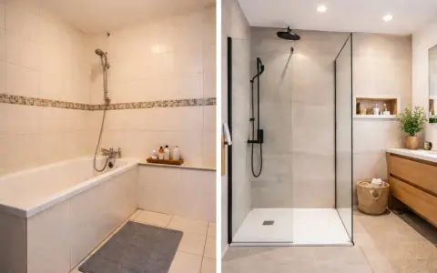Avant/après : transformation d'une salle de bain avec baignoire en une douche moderne et spacieuse.