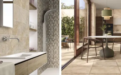 Salle de bain et cuisine modernes avec carrelage au sol et mural. L'épaisseur du carrelage est subtile, créant une finition élégante.