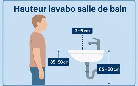 Illustration showing the ideal hauteur lavabo pmr : 85-90 cm du sol au bord, et 3-5 cm entre le robinet et le lavabo.