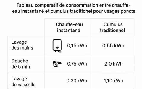 Tableau comparatif de consommation d'eau chaude. La puissance du chauffe-eau instantané est bien inférieure à celle du cumulus traditionnel pour le lavage des mains, la douche et la vaisselle.