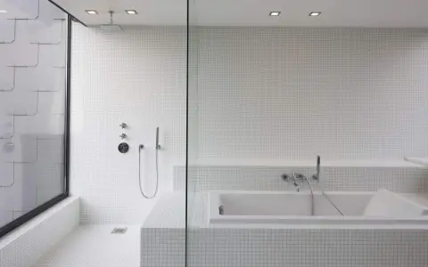 Salle de bain moderne avec douche à l'italienne et baignoire îlot, le tout revêtu de petites mosaïques blanches.