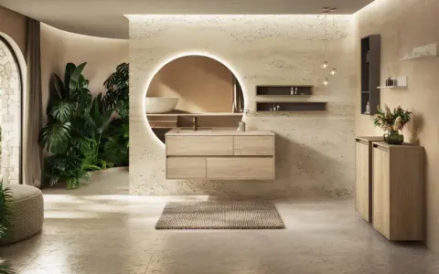 Une **salle de bain chic et cosy** avec un meuble vasque en bois clair, un grand miroir rond lumineux, des plantes luxuriantes et une ambiance apaisante.