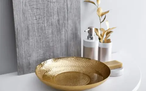 Un bol martelé doré, un distributeur de savon et une barre de savon sur un comptoir blanc, avec une plante dorée et un panneau texturé gris en arrière-plan. Une touche de luxe pour votre douche dorée.