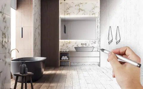 Main d'un architecte esquissant le schema d'evacuation baignoire dans une salle de bain moderne.