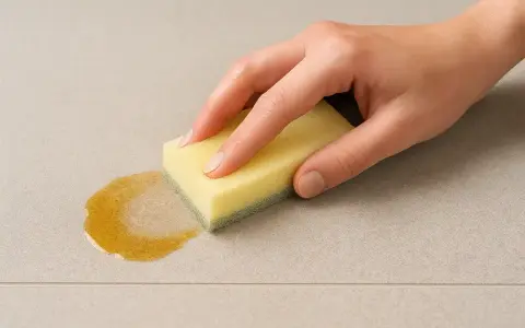 Main tenant une éponge jaune pour nettoyer une tache sur du carrelage. L'acétone peut être utile pour certaines taches tenaces sur le carrelage.