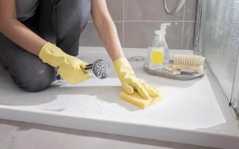 Une personne en gants jaunes nettoie un bac de douche en résine avec une éponge et une douchette.