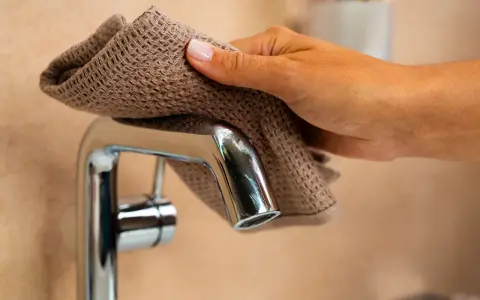 Main d'une femme nettoyant un mitigeur de douche avec un tissu marron.