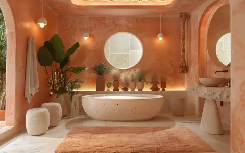 Une salle de bain aux teintes terracotta et beige, avec une baignoire ovale, un lavabo en pierre brute et des plantes luxuriantes.