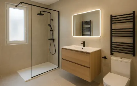 Salle de bain moderne avec douche à l'italienne, meuble vasque en bois, miroir lumineux et radiateur noir. Une belle idée salle de bain douche.