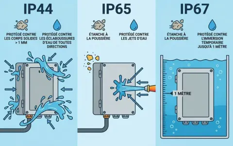 Illustration comparant les indices de protection IP44, IP65 et IP67. Idéal pour une salle de bain, l'IP67 protège contre l'immersion temporaire jusqu'à 1 mètre.