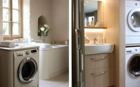 Salle de bain avec machine à laver, baignoire et lavabo. Une autre salle de bain présente une machine à laver empilée.