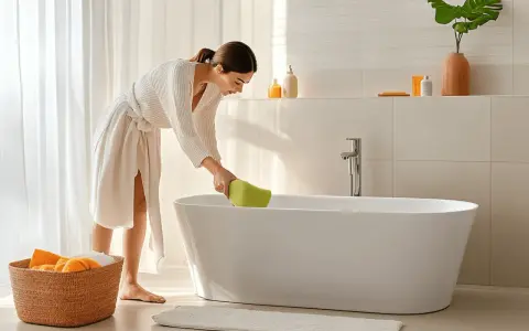 Une femme en peignoir blanc utilise une éponge verte pour nettoyer la baignoire, éliminant une tache jaune tenace.