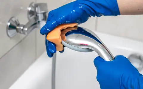 Mains bleues gantées frottant un pommeau de douche chromé avec une éponge orange pour le nettoyer.