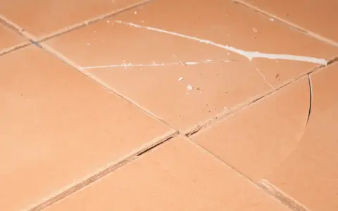 Carrelage mal posé, avec des carreaux fissurés et des joints irréguliers. Des éclats de matière blanche parsèment la surface.
