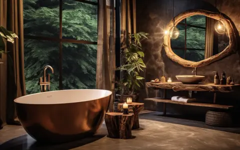 Baignoire cuivrée, lavabo en bois brut, et vue sur la forêt. Une **salle de bain zen** pour se ressourcer.