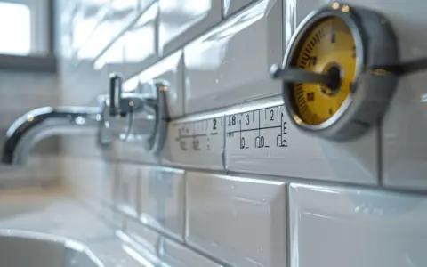Robinet de salle de bain encastrable avec une graduation indiquant la hauteur. Un indicateur jaune est visible.