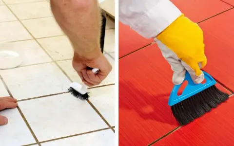 Nettoyer carrelage après joint : une main frotte les joints d'un carrelage clair, tandis qu'une autre brosse un carrelage rouge vif.