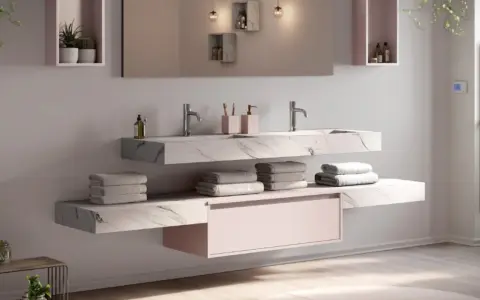 Salle de bain moderne avec double vasque en **solid surface** marbré, rangements suspendus et serviettes douces.
