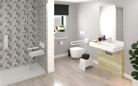 Salle de bain moderne avec douche, WC suspendu, lavabo et barres d'appui. Le sol imitation bois est pratique et esthétique, idéal pour un sol PMR.