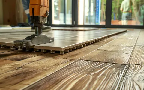 Pose d'un carrelage sur un parquet. Un outil aide à coller le carrelage sur bois, créant une nouvelle surface.