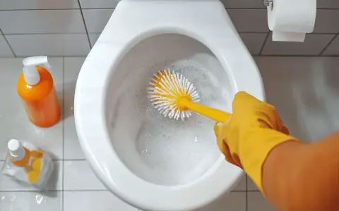 Nettoyage des toilettes avec une brosse et un produit à base d'acide citrique.